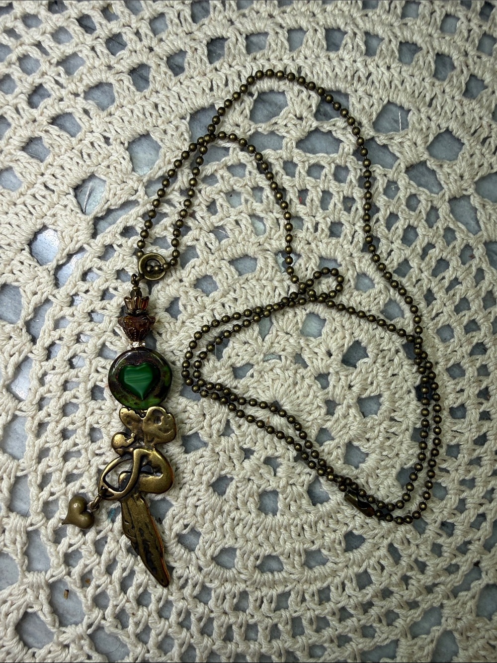 Antique Brass fairy & Green Heart Pendant Necklace - Women Jewelry